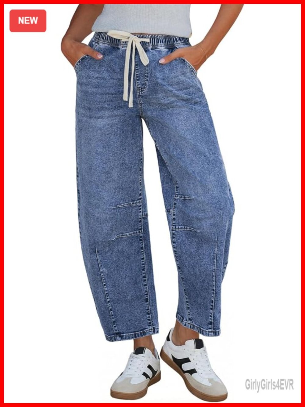 Barrel High Waisted Cropped Wide Leg Pull On Elastic Waist Stretchy Denim Pants